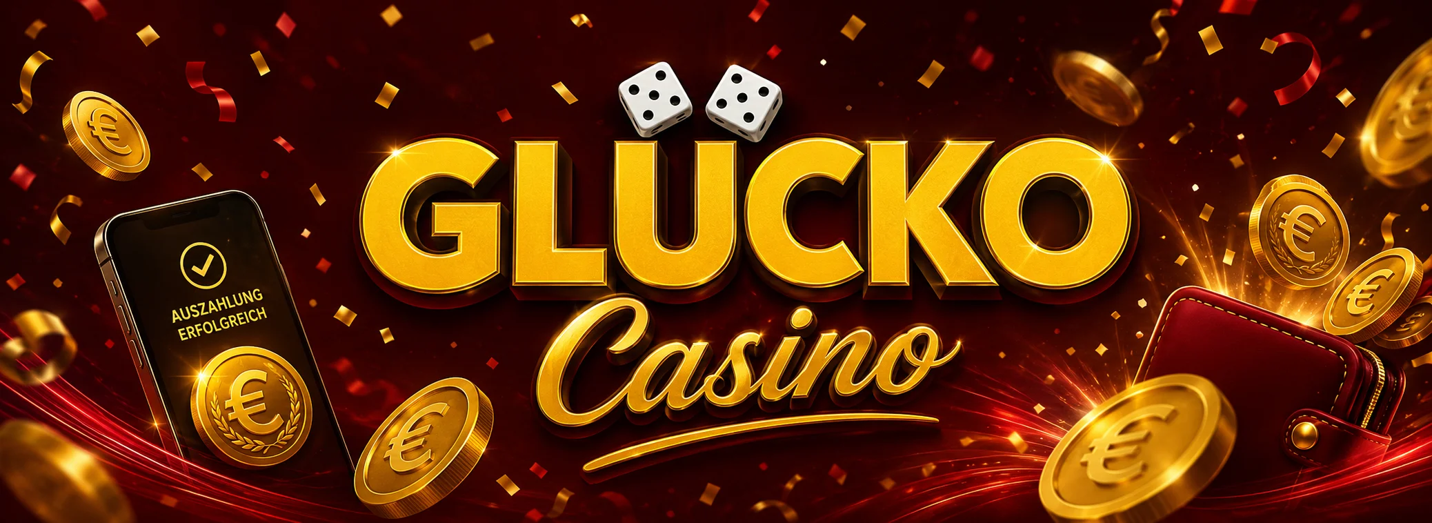 Glücko Casino Banner mit goldenem GLÜCKO-Schriftzug und deutscher Gewinnerliste auf dunkelrotem Grund